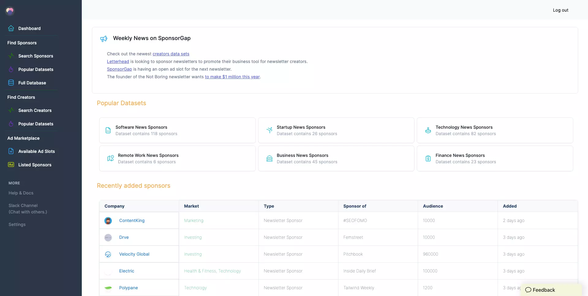Dashboard Sponsorgap